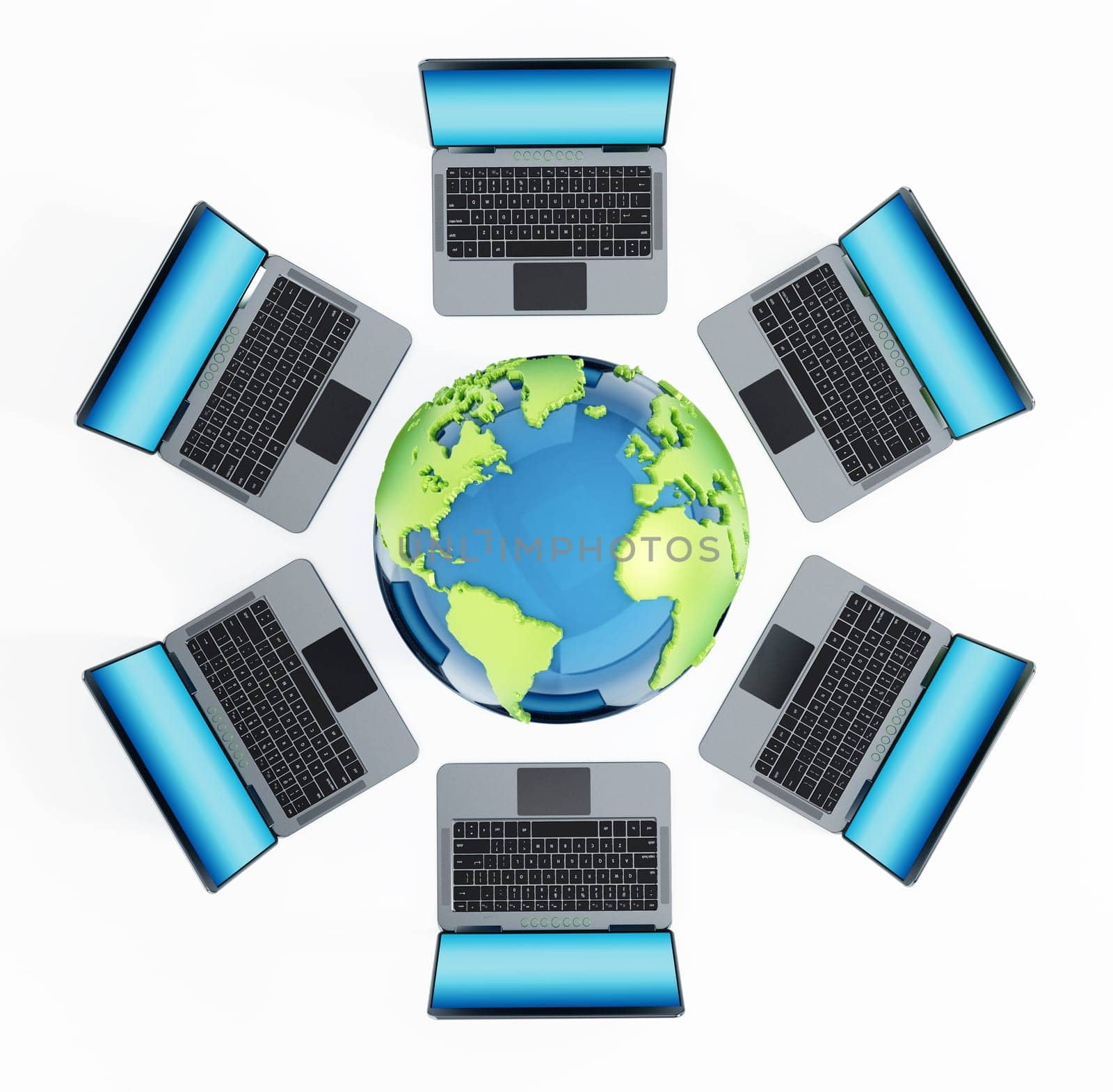 Laptop computers standing around the globe. 3D illustration.