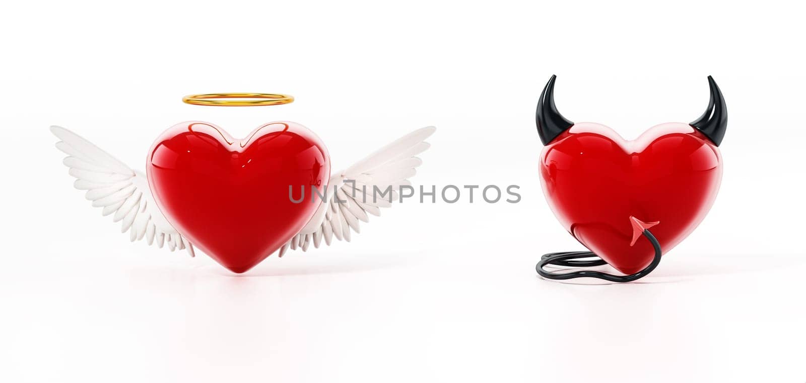 Angel and evil hearts isolated on white background. 3D illustration.