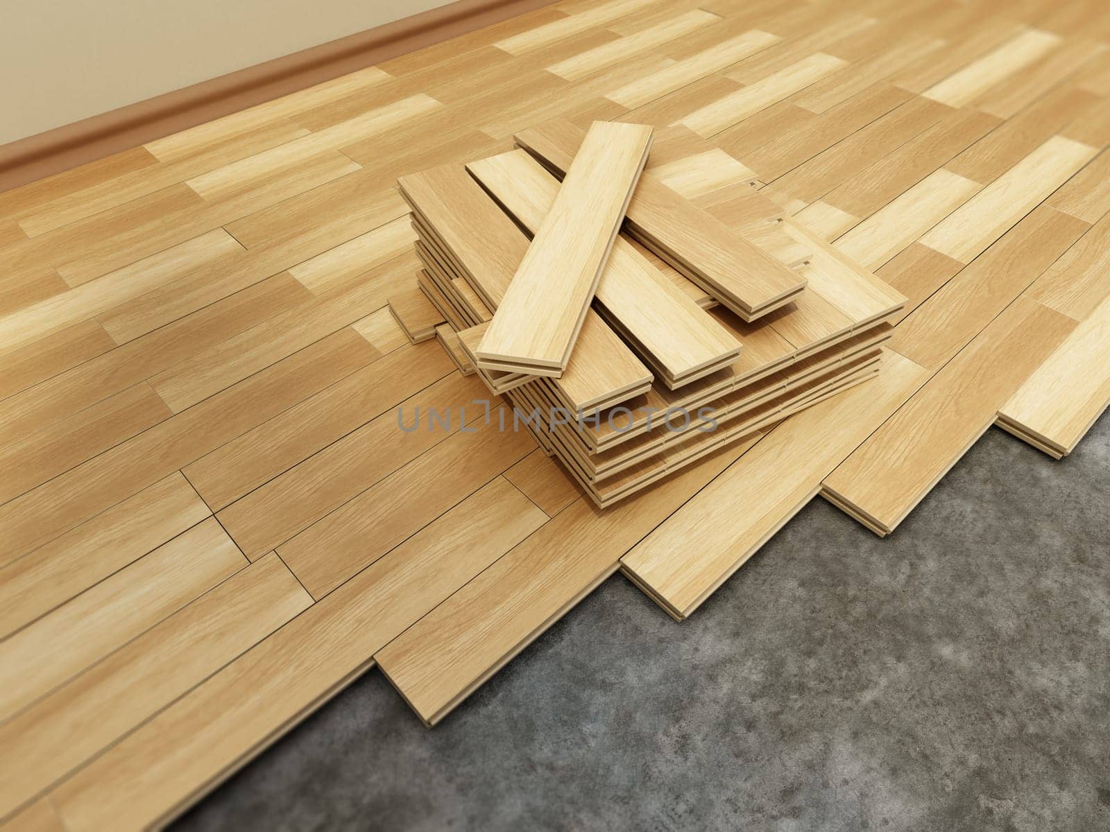 3D illustration of parquet installation process. 3D illustration.