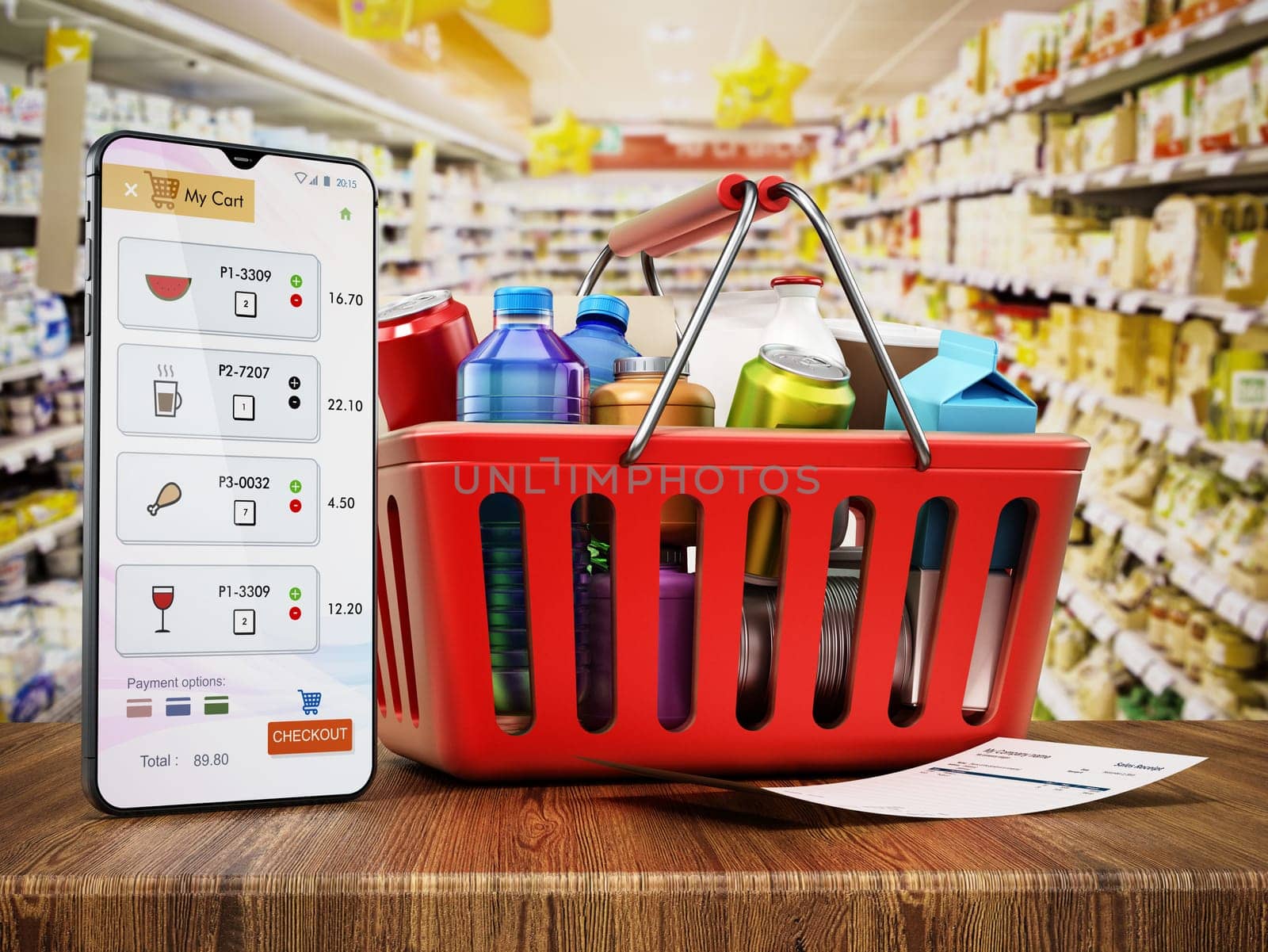 Smartphone and receipt standing next to the shopping basket. Online supermarket shopping concept. 3D illustration.
