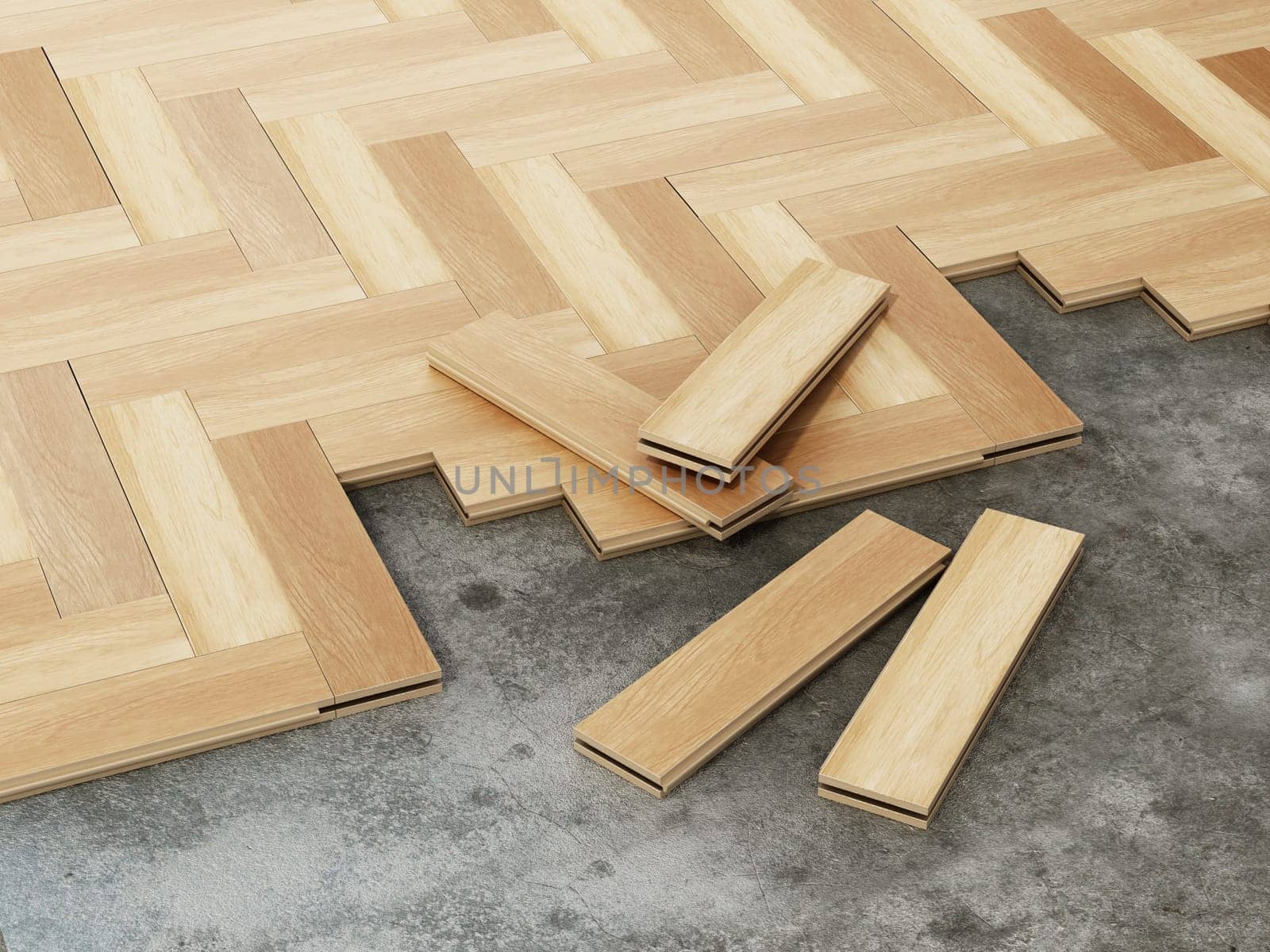 3D illustration of parquet installation process. 3D illustration.