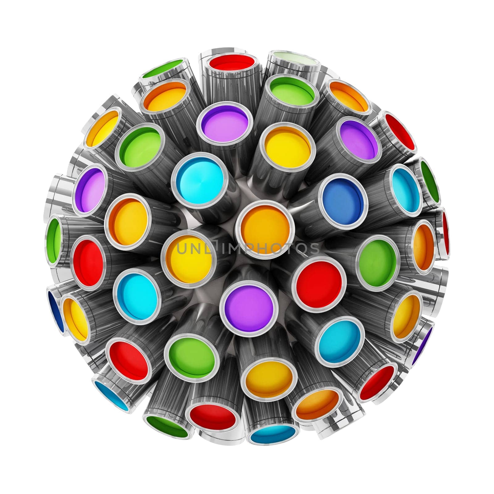 Colorful paint cans around the globe isolated on white background.