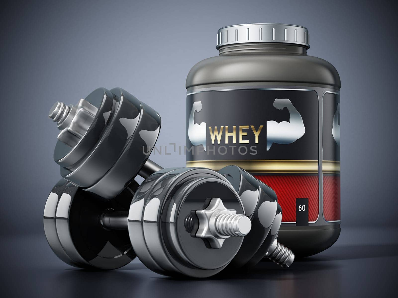 Whey protein powders and dumbells standing on black background. 3D illustration.