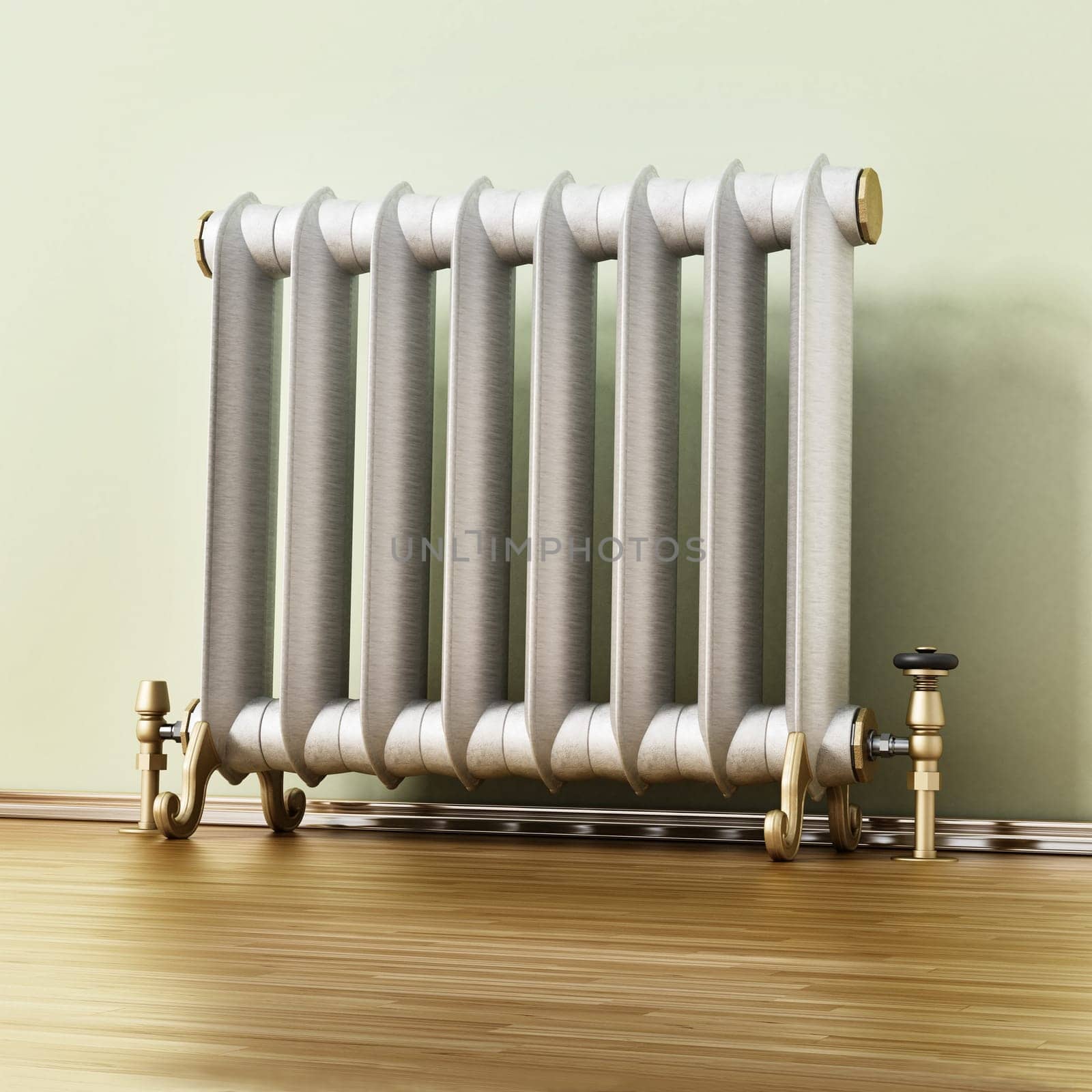 Vintage radiatorstanding next to the wall. 3D illustration.