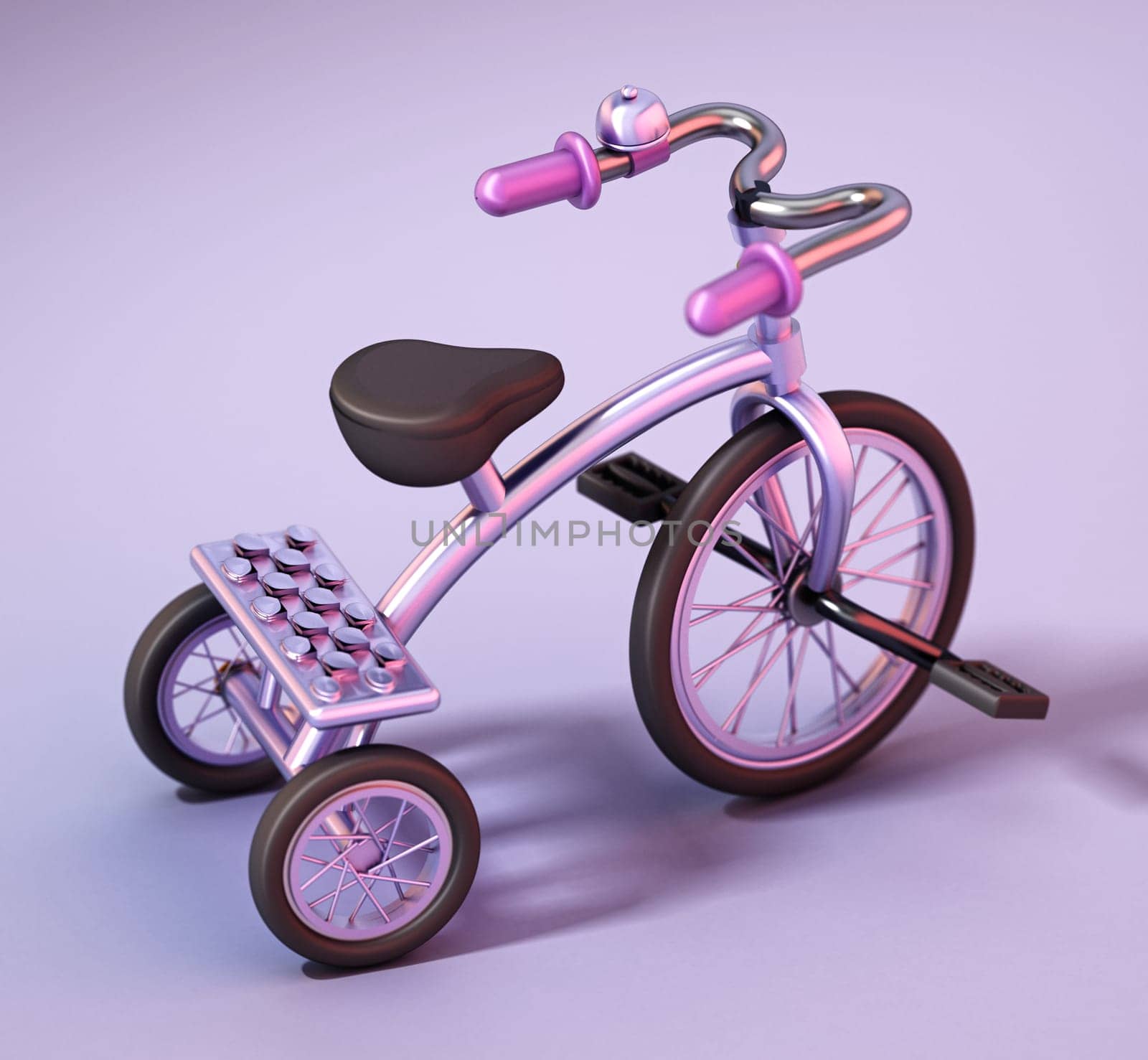 Vintage tricycle standing on purple background. 3D illustration.