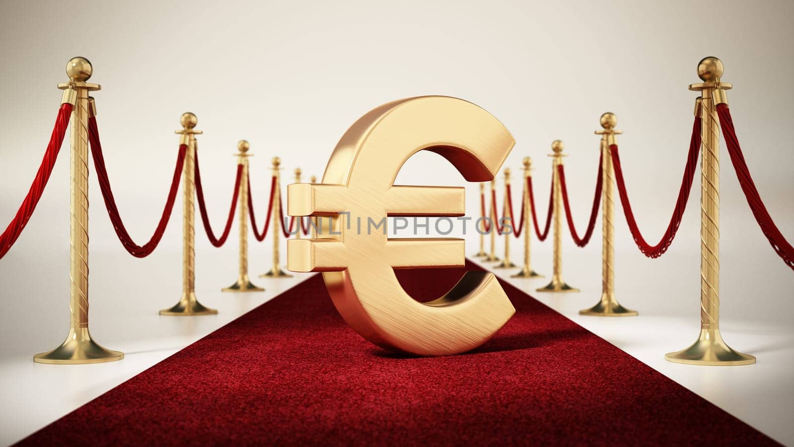 Euro sign standing on red carpet with velvet ropes on both sides. 3D illustration.