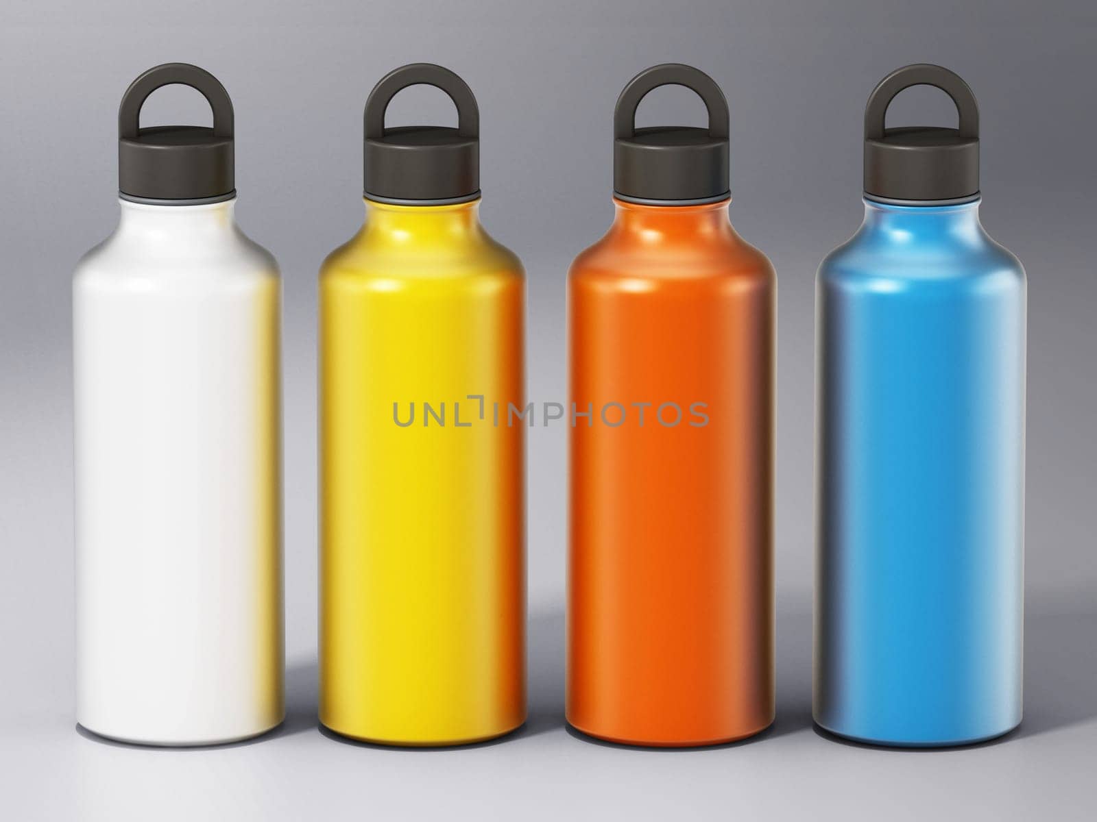 Colored water bottles isolated on gray background. 3D illustration.