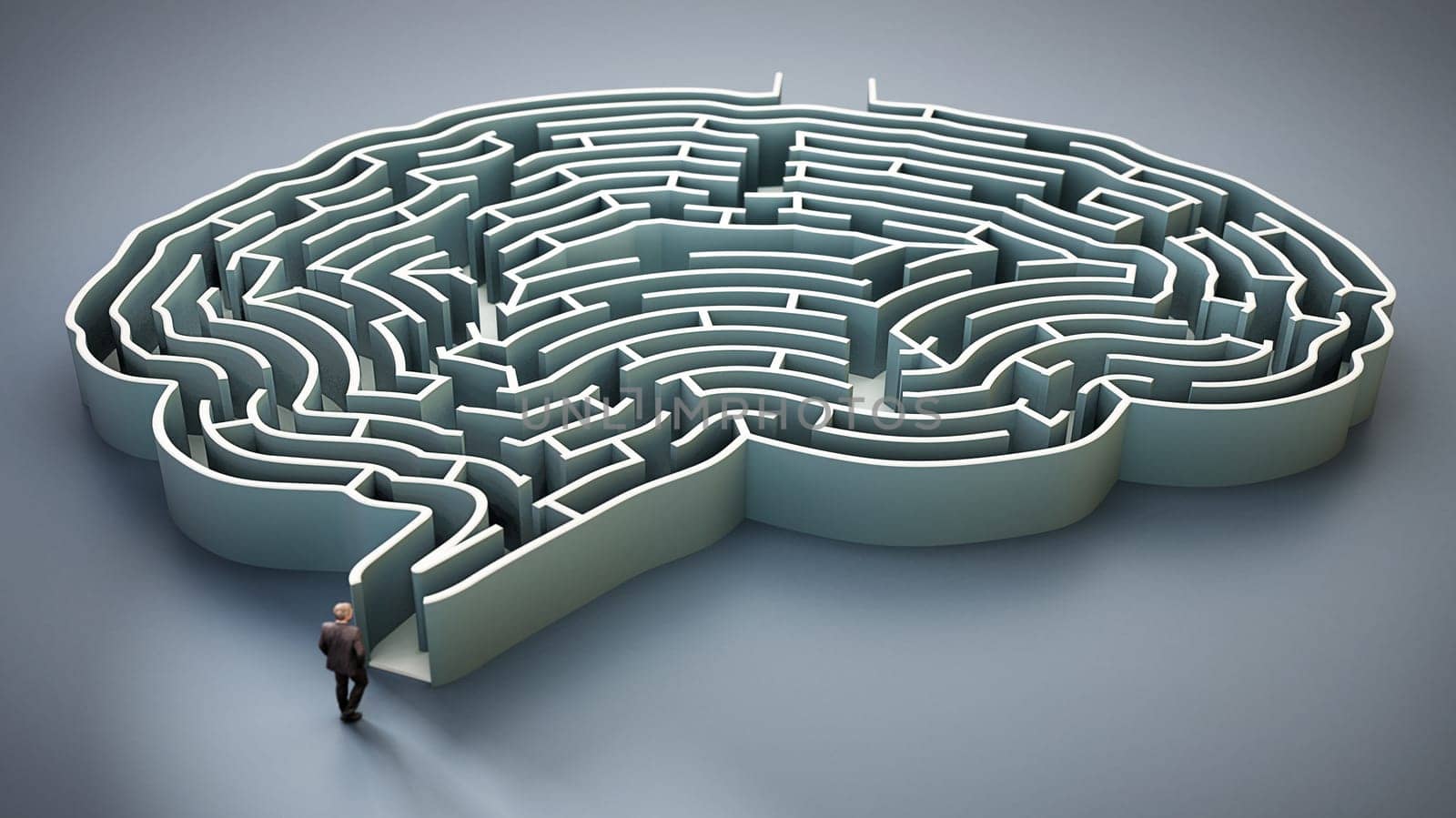 Businessman standing at the entrance of brain shaped maze 3D illustration.