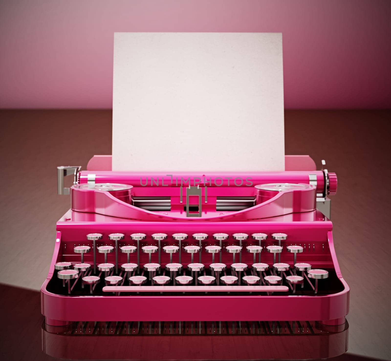 Pink vintage typewriter with a blank paper on wooden table. 3D illustration.