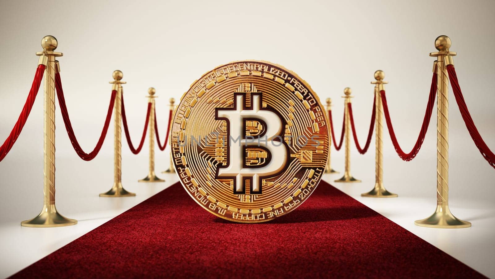 Bitcoin standing on red carpet with velvet ropes on both sides. 3D illustration.