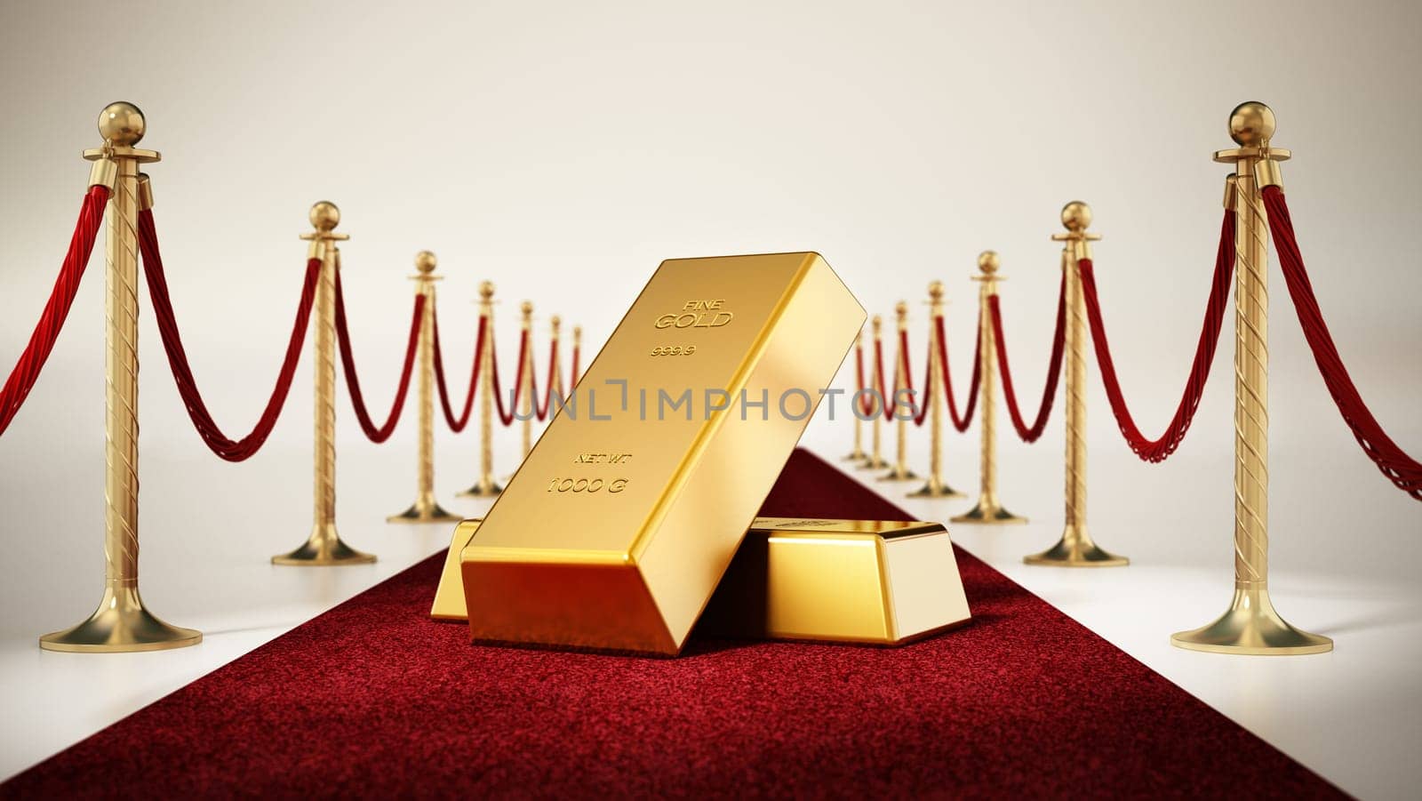 Gold ingots standing on red carpet with velvet ropes on both sides. 3D illustration.