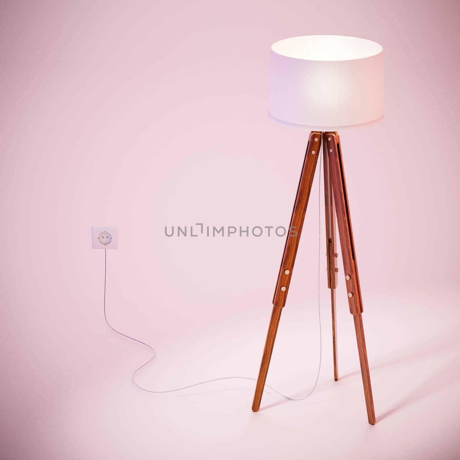 Vintage floor lamp standing on soft colored background. 3D illustration.