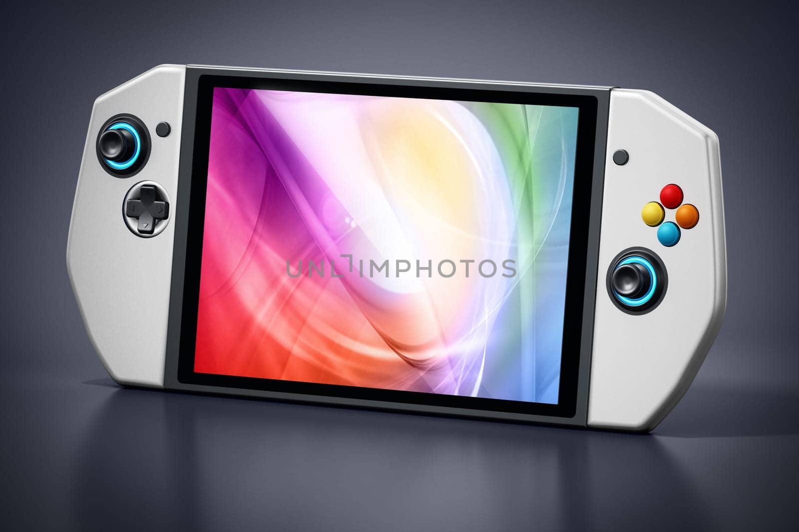 Portable video game console isolated on black background. 3D illustration.