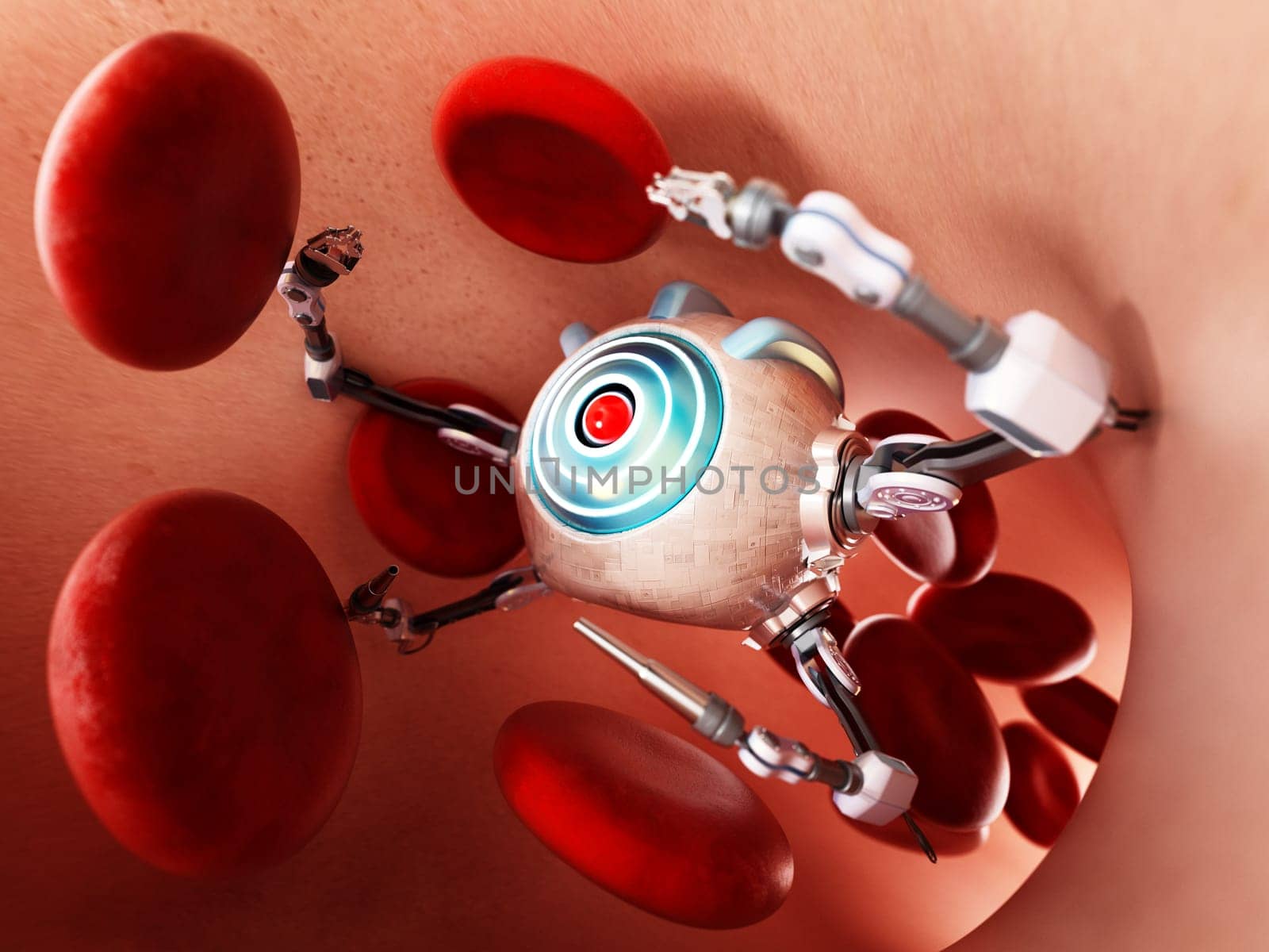 Medical nano robot inside human vein. 3D illustration.