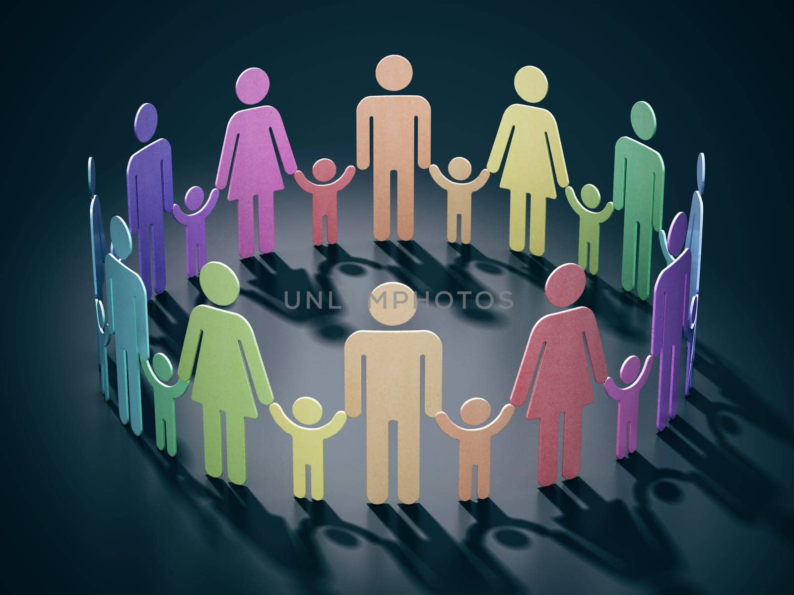 Families holding hands forming a circle alltogether. 3D illustration.