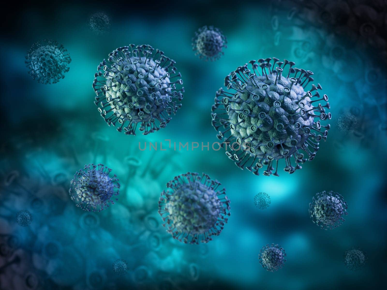 Generic green viruses against green background. 3D illustration.