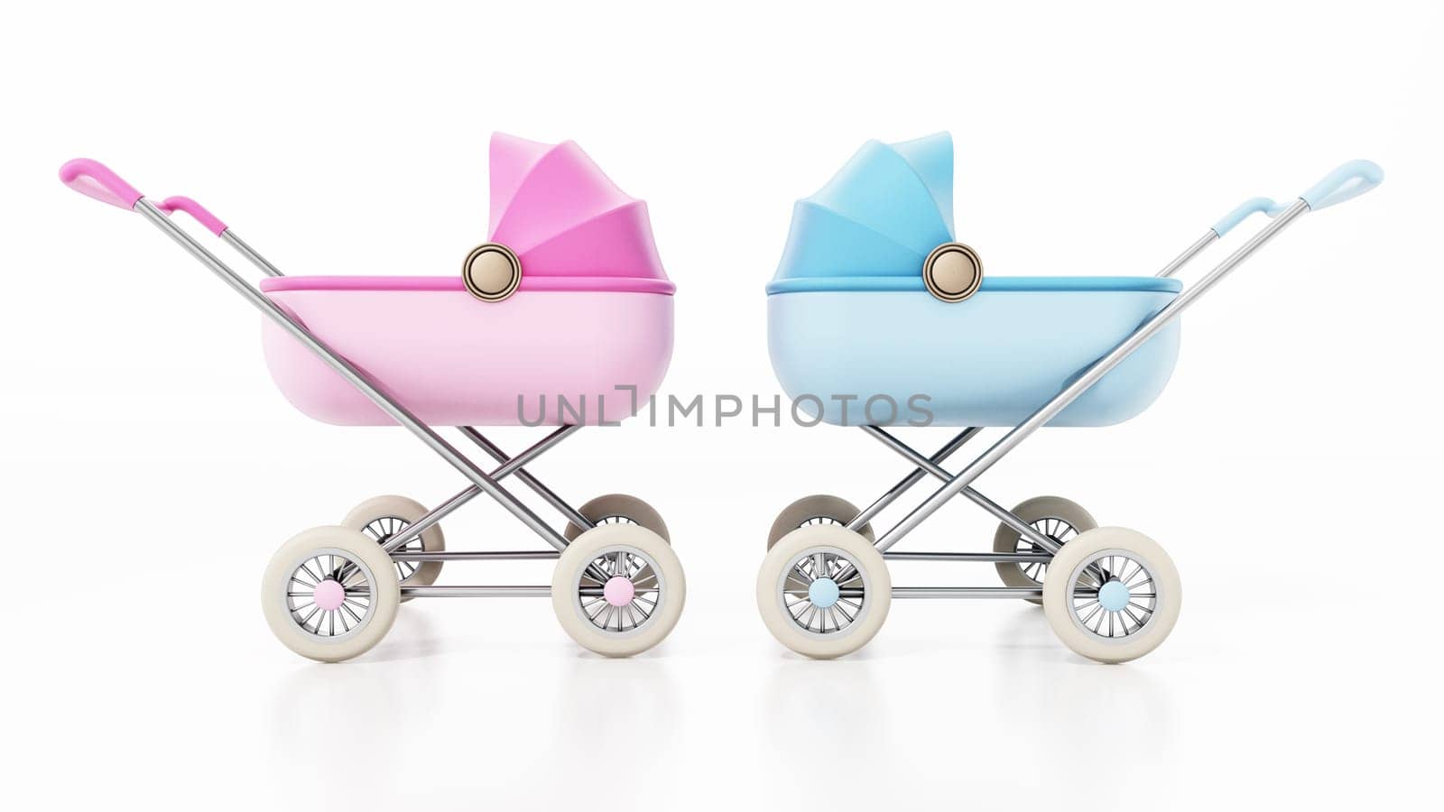 Pink and blue retro baby strollers isolated on white background. 3D illustration.
