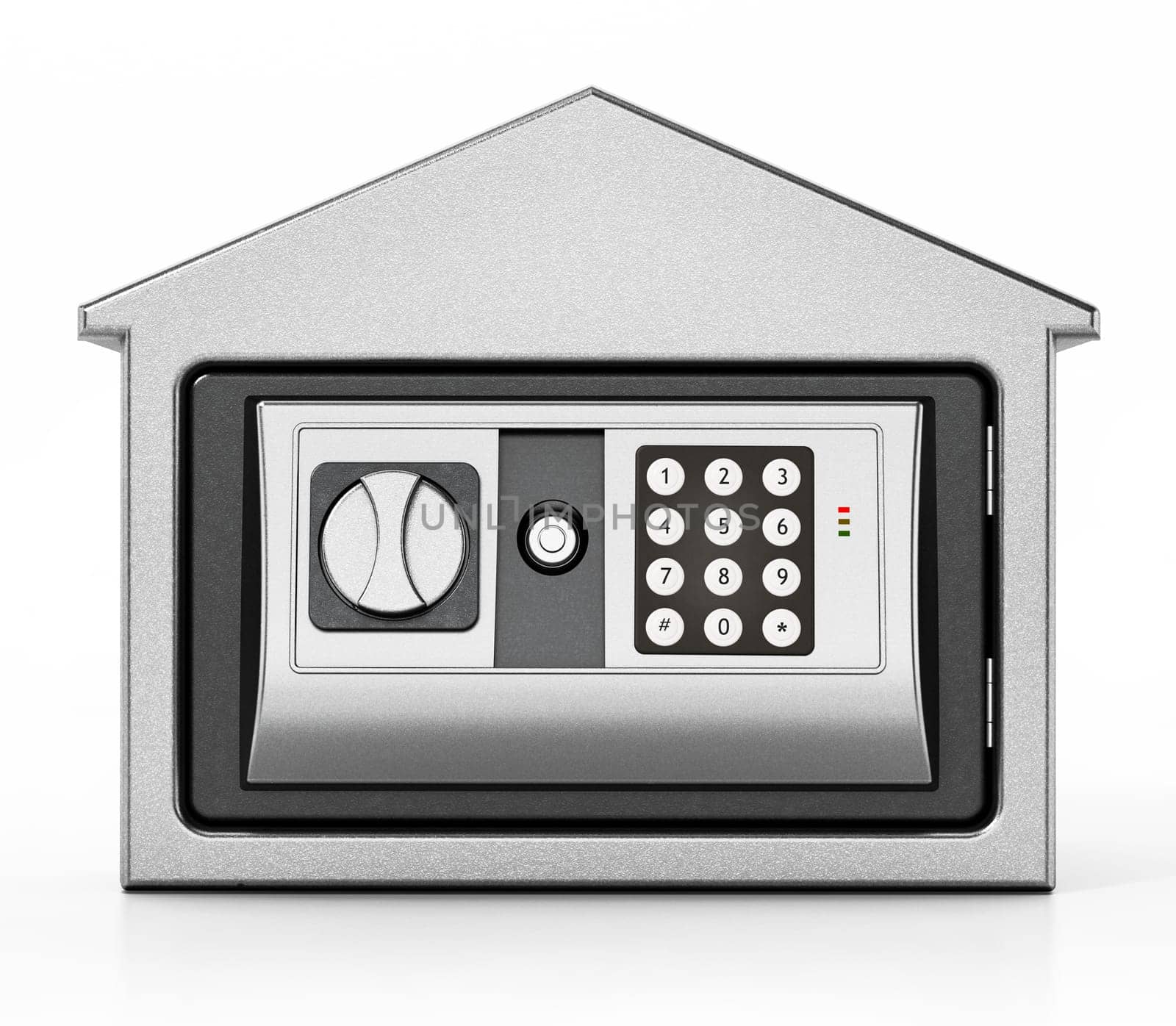 Bank building shaped steel safe isolated on white background. 3D illustration.