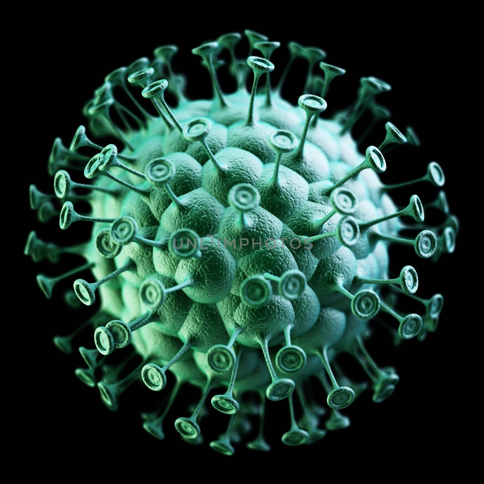 Generic green virus isolated on black. 3D illustration.