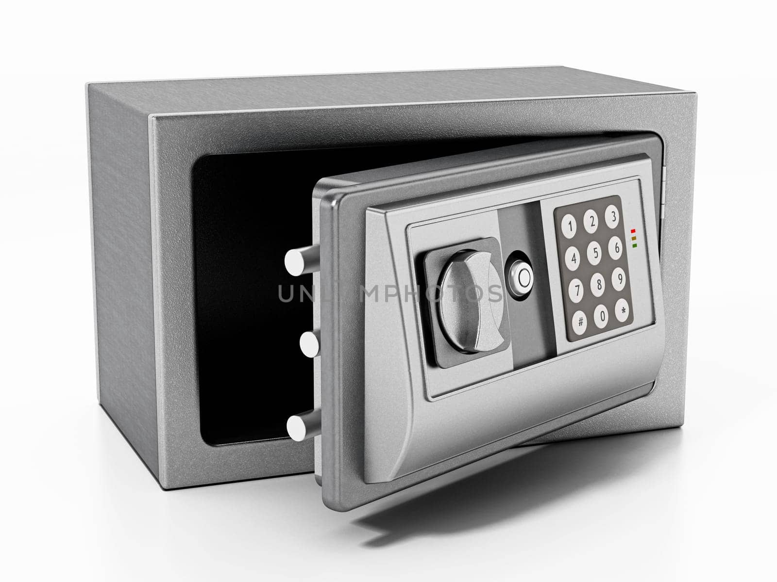 Steel safe with open door isolated on white background. 3D illustration.
