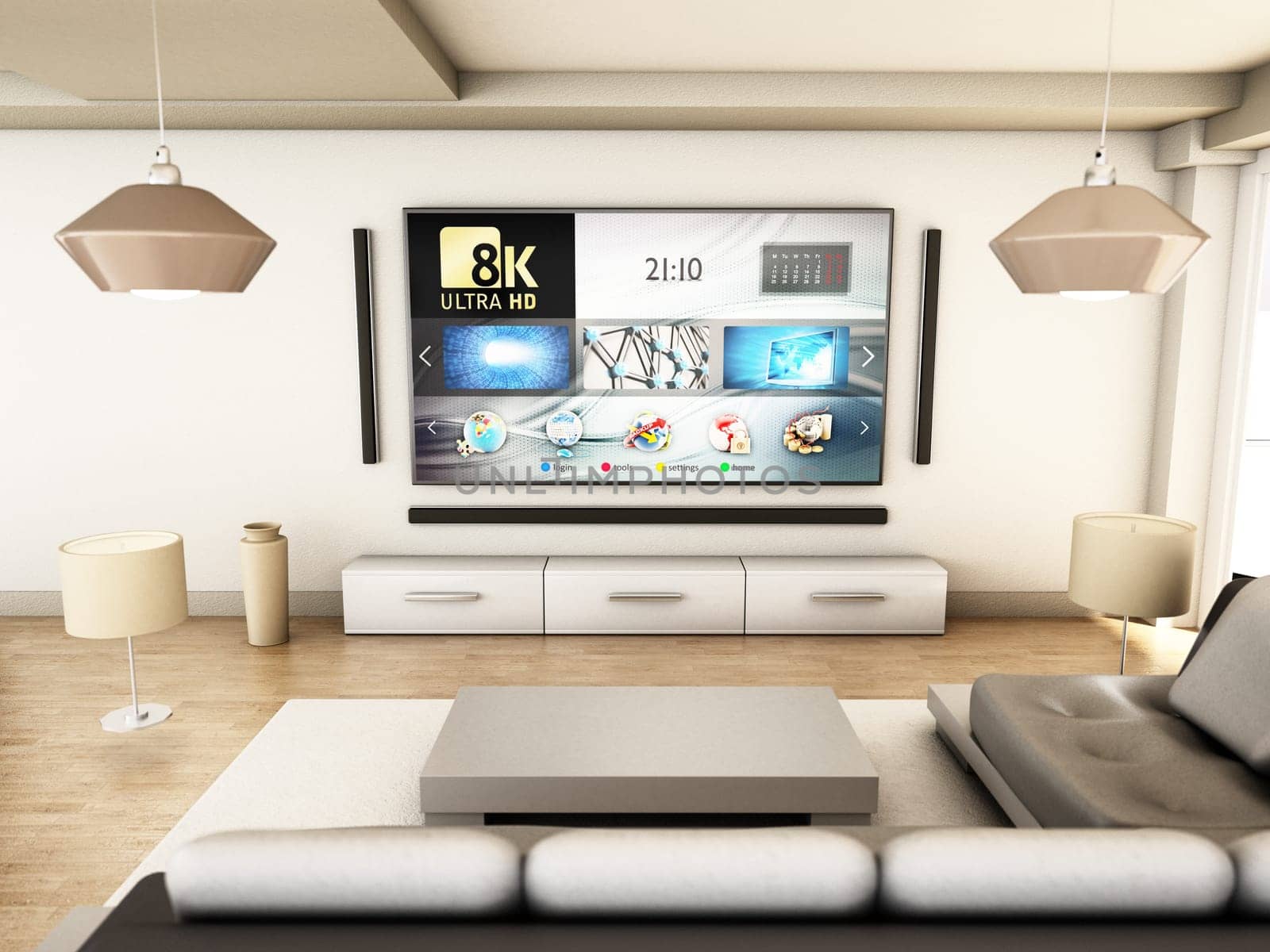 8K tv hanging on the wall of a modern room. 3D illustration.