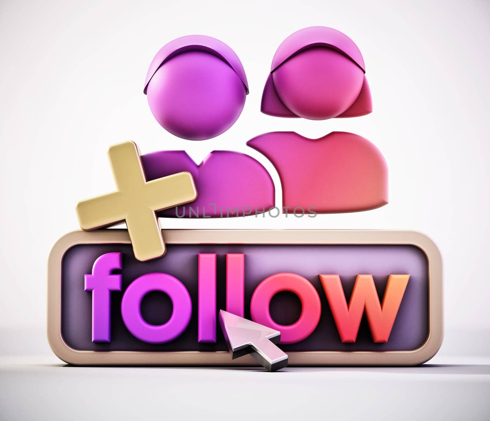 Follow button and generic follower icons. 3D illustration.