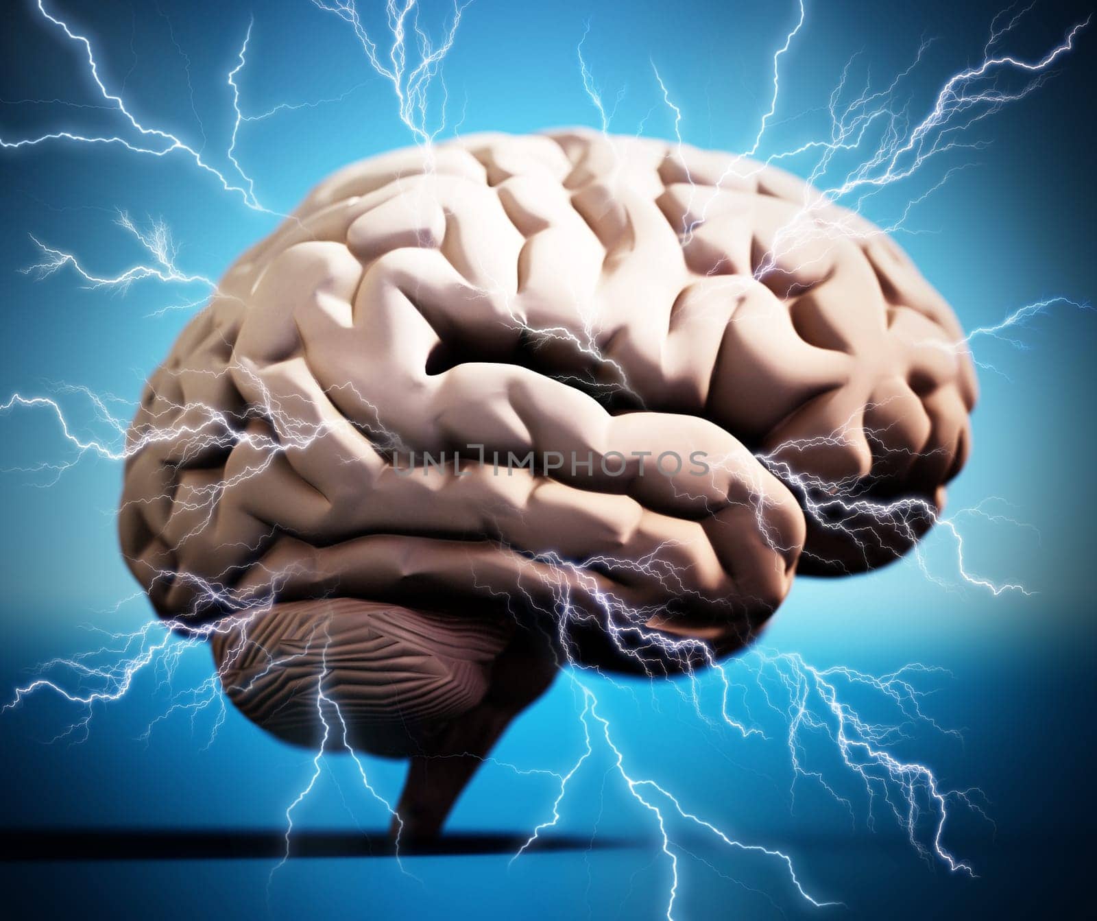 Lightning bolts around the brain. Brainstorming concept. 3D illustration.