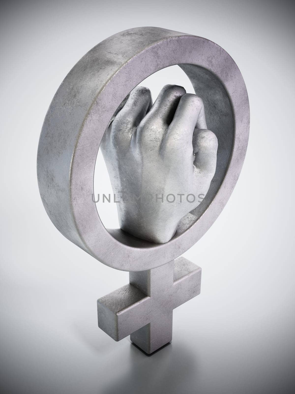 Iron fist inside the female symbol. 3D illustration.