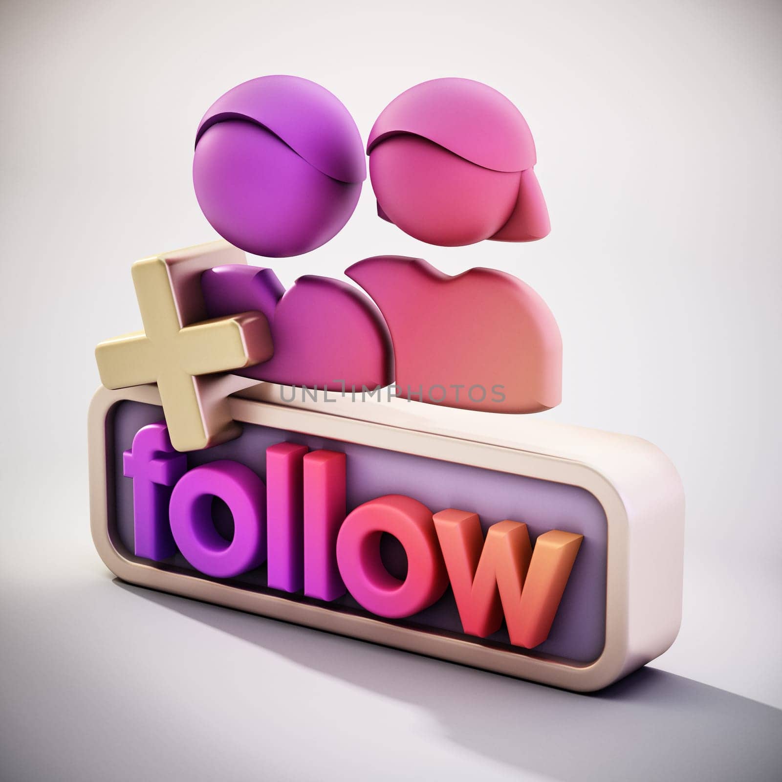 Follow button and generic follower icons. 3D illustration.