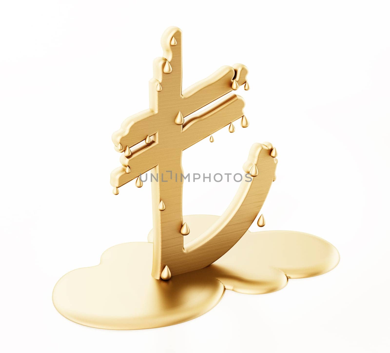 Melting gold Turkish Lira symbol isolated on white background. 3D illustration.