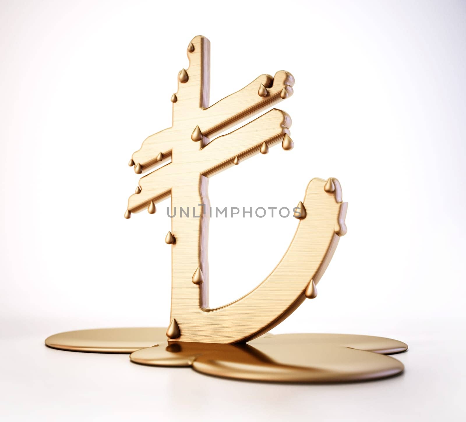 Melting gold Turkish Lira symbol isolated on white background. 3D illustration.