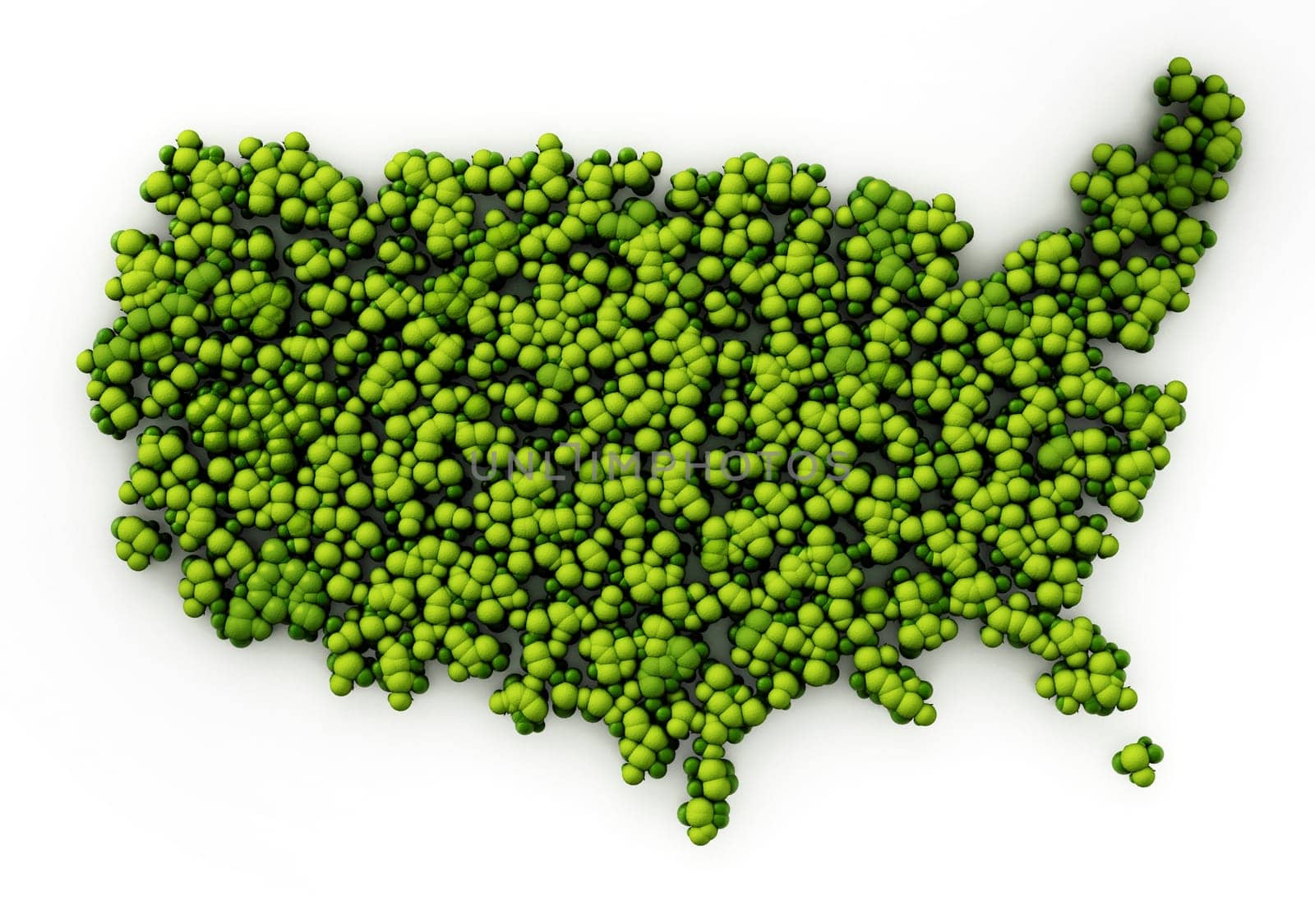 Map of USA covered with simplistic trees. 3D illustration.