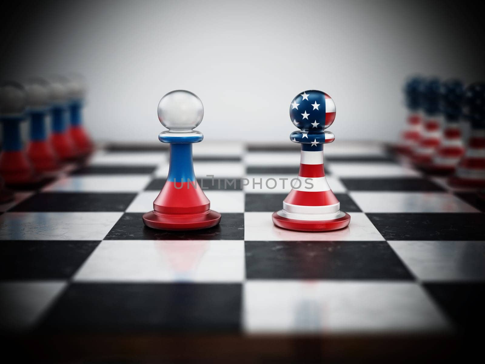 Russian and American flag textured pawns on chessboard. 3D illustration.