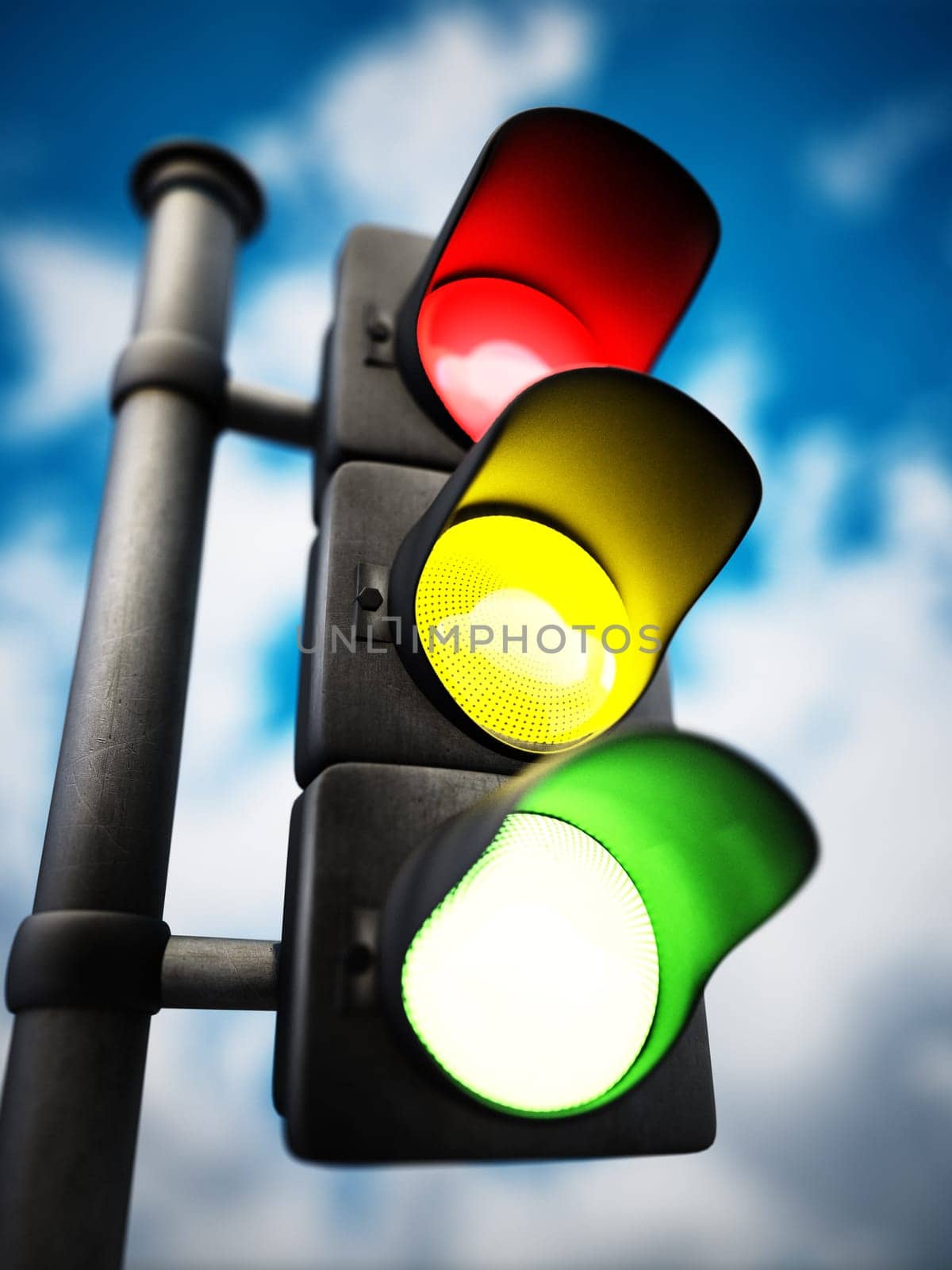 Traffic lamp with red, yellow and green lights on against blue background. 3D illustration.