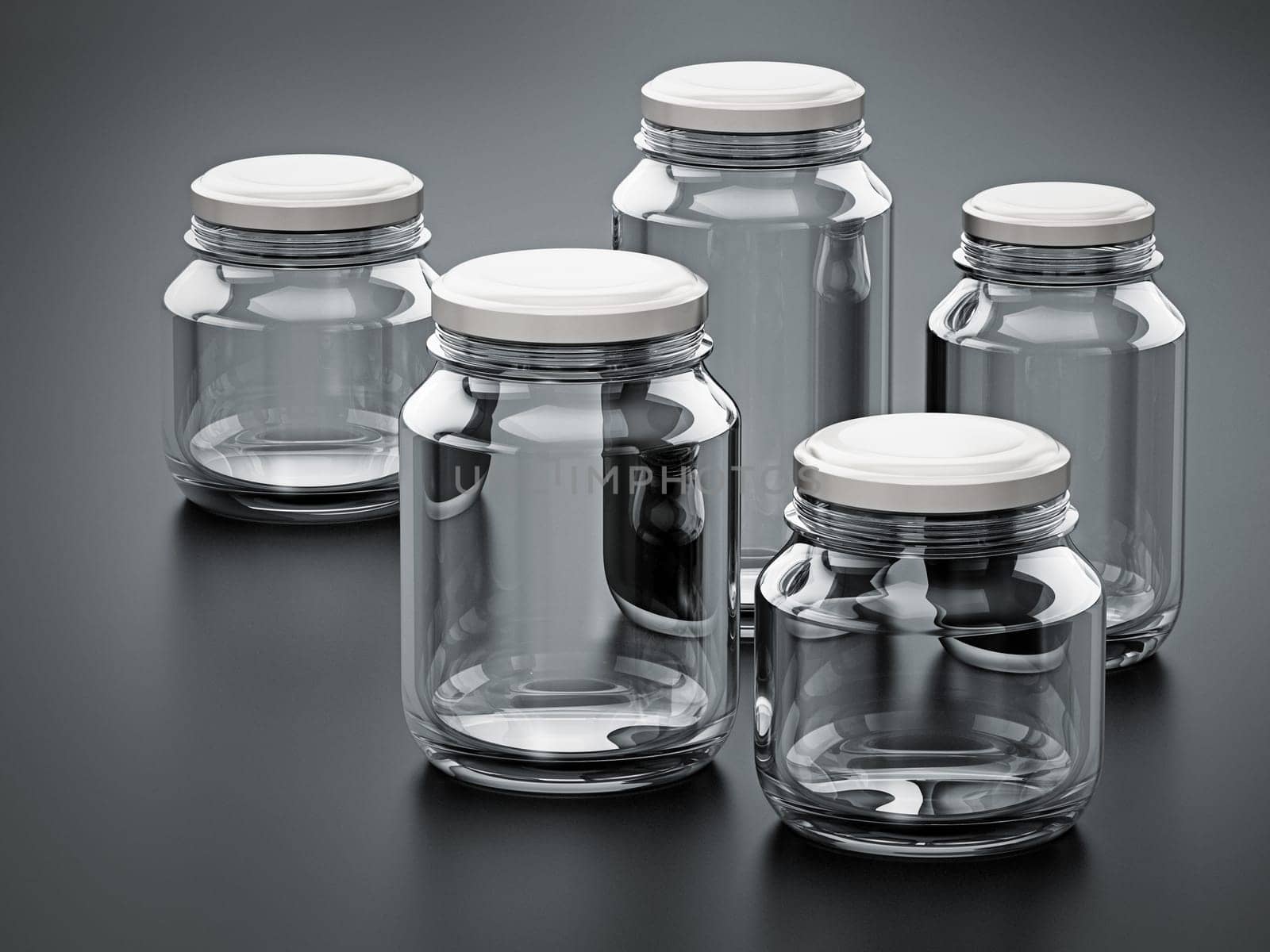 Empty glass jars with white lids isolated on black background. 3D illustration.