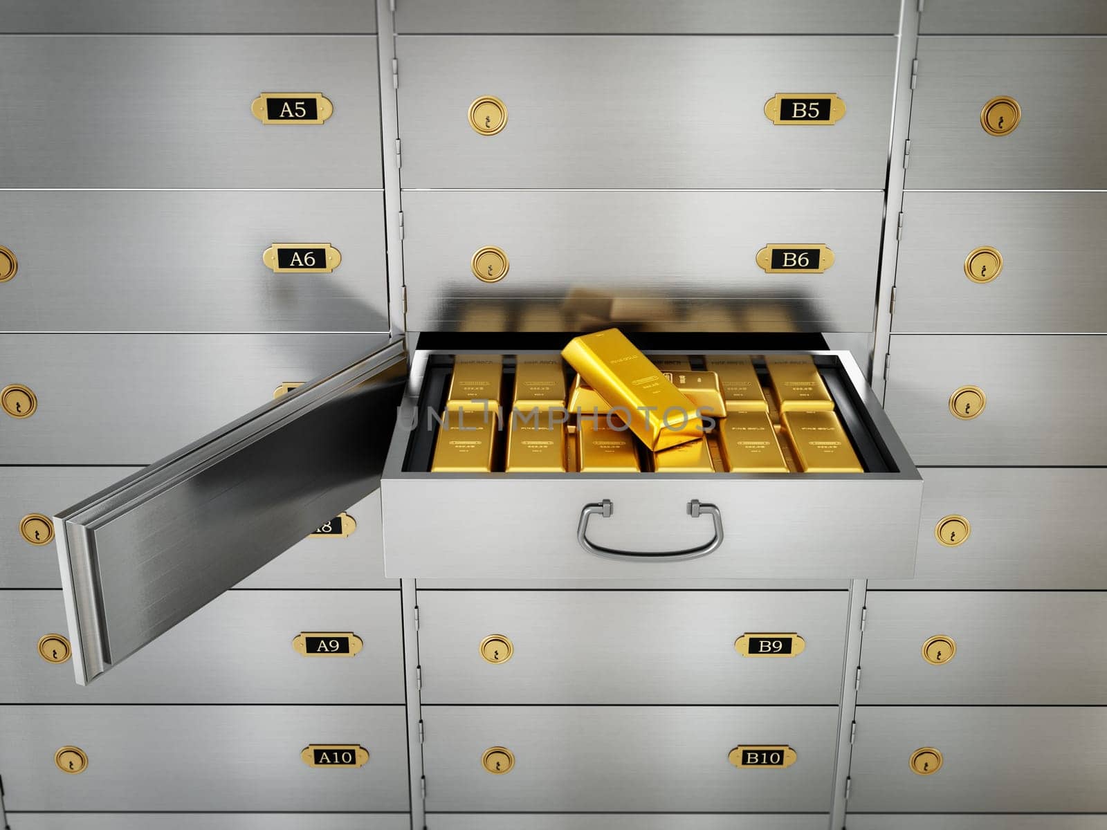 Gold ingots inside private bank deposit box. 3D illustration.