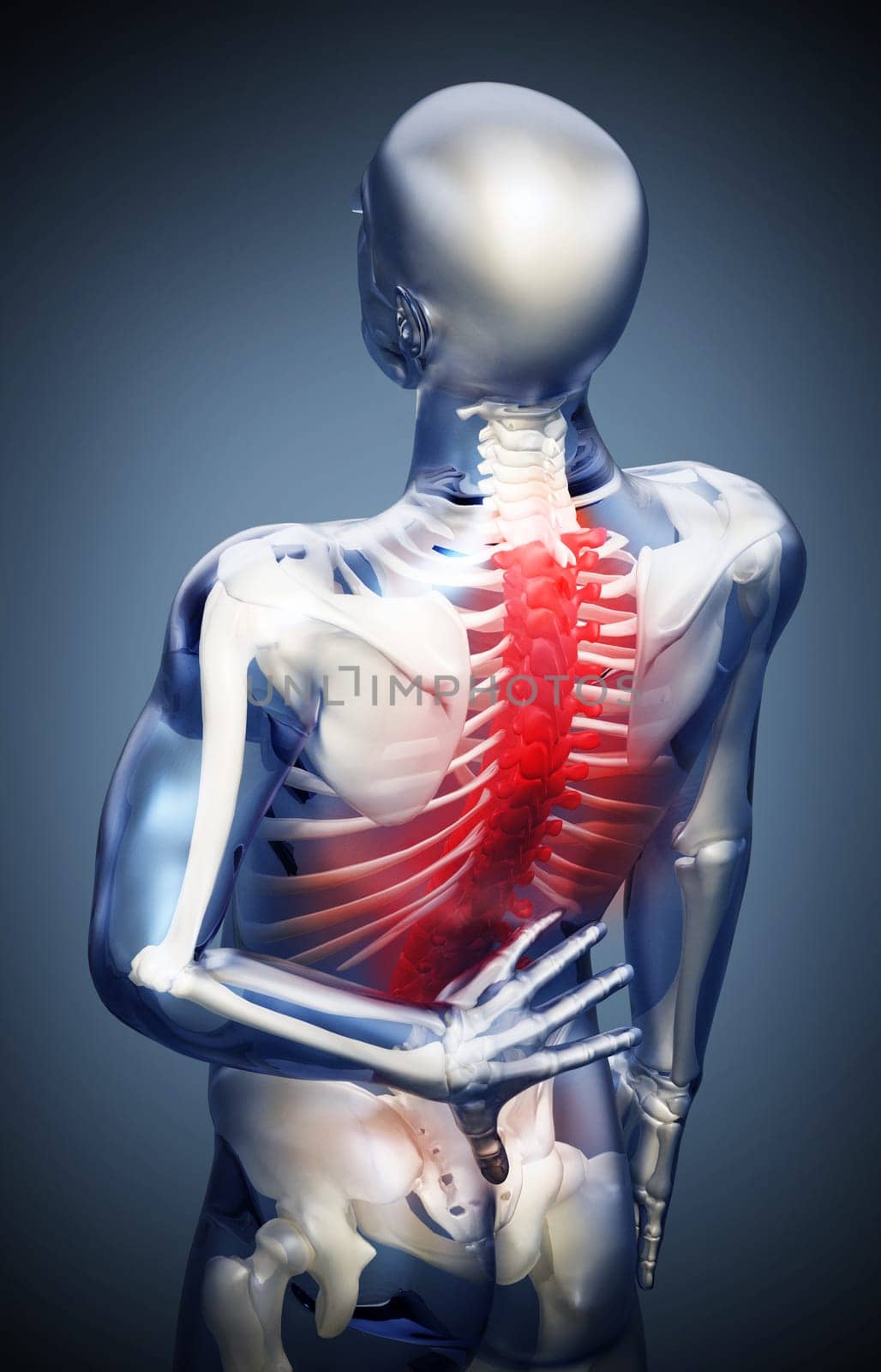 3D illustration showing back pain or pain on the spine.