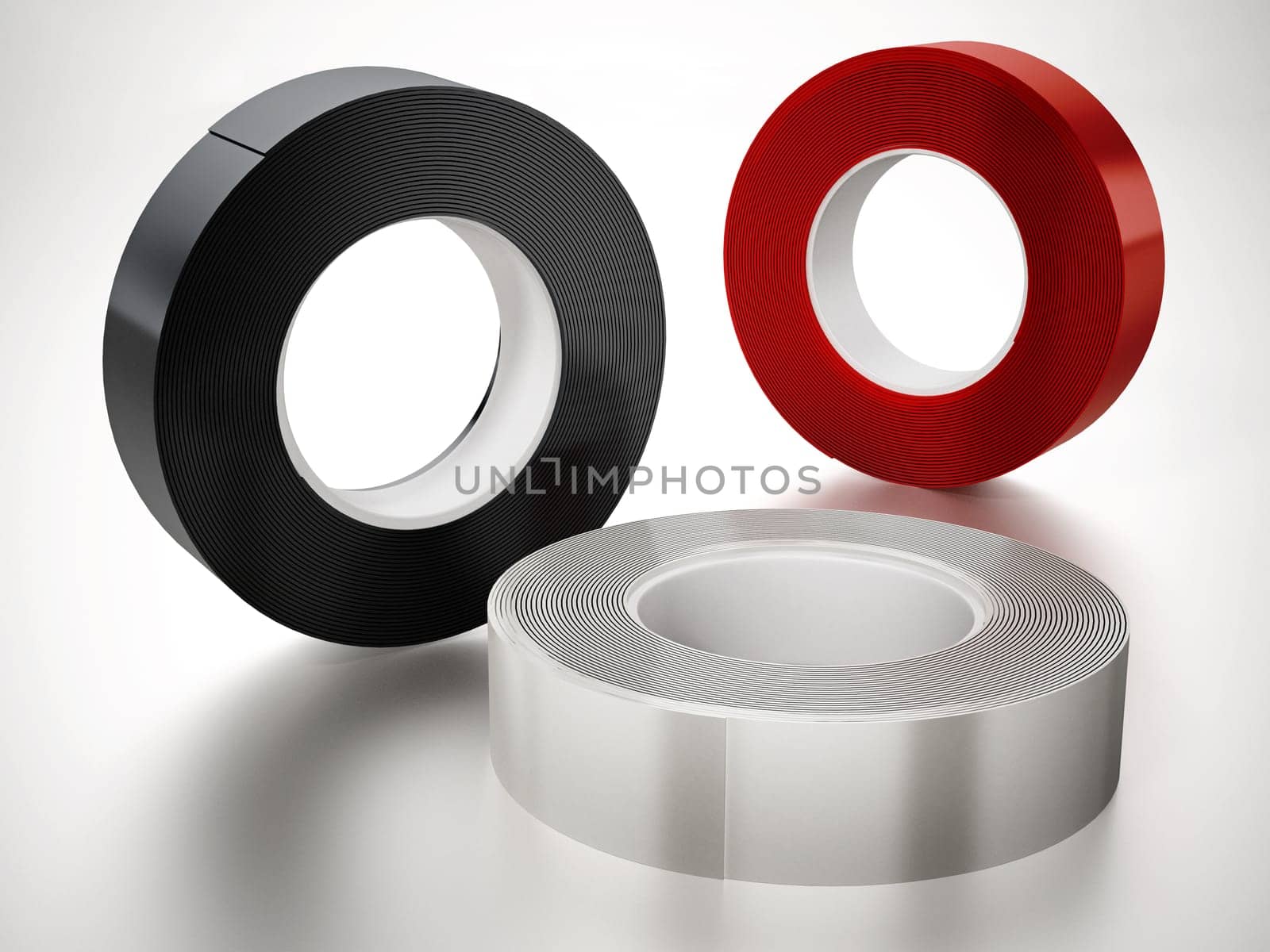 Black, white and red electrical tapes isolated on white background. 3D illustration.