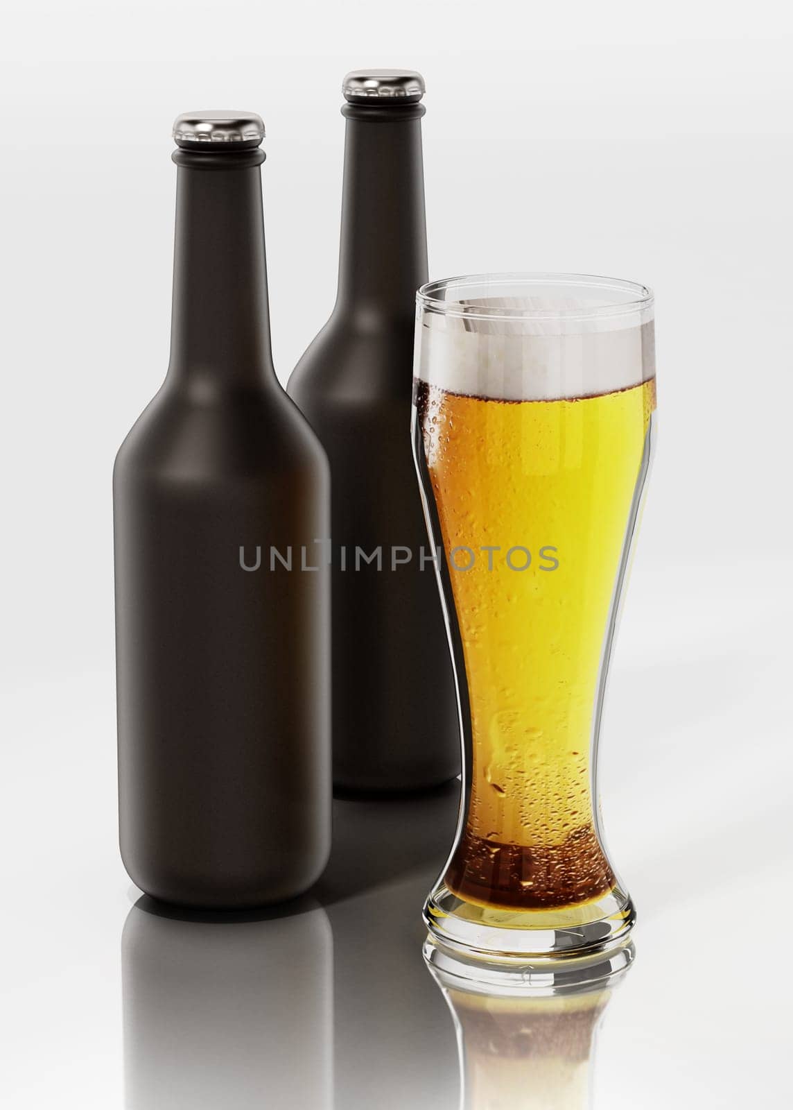 Two beer bottles and a glass of beer isolated on white background. 3D illustration.