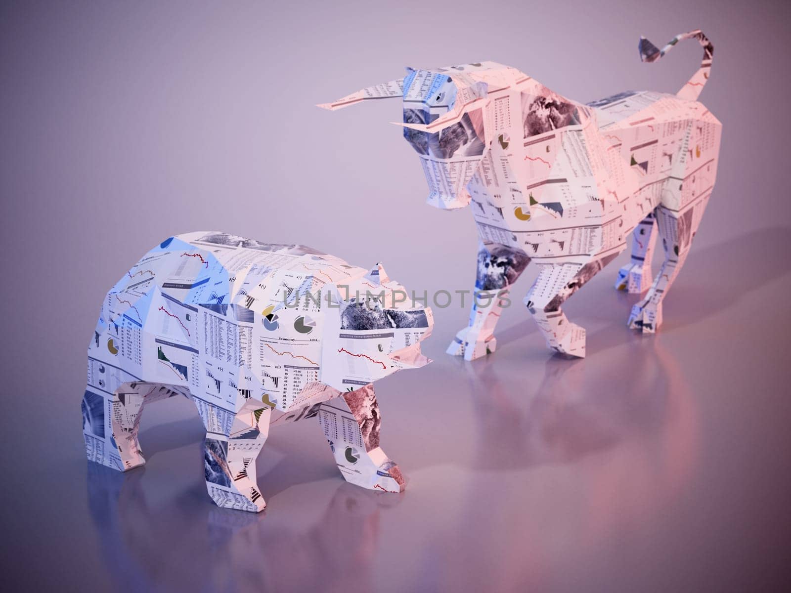 Financial numbers and charts on low poly bull and bear. 3D illustration.