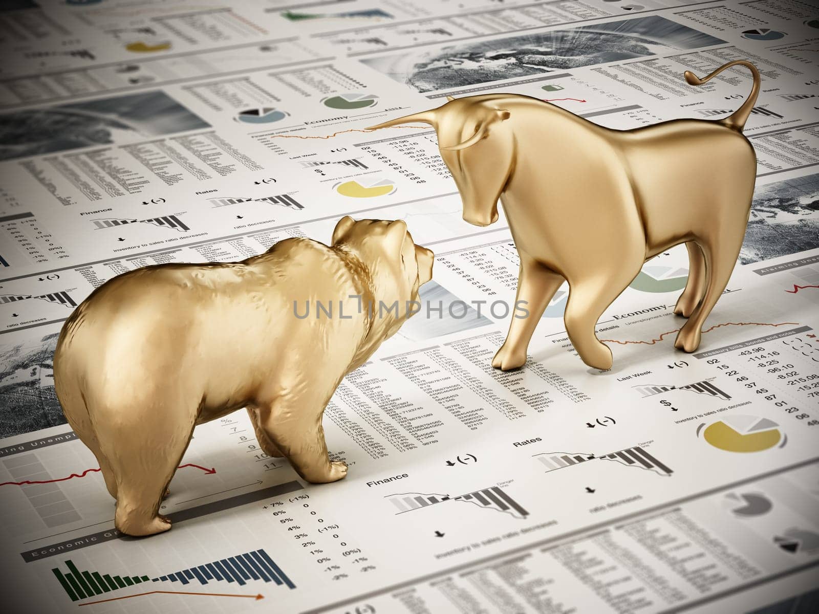 Golden bull and bear standing on finance newspaper page. 3D illustration.