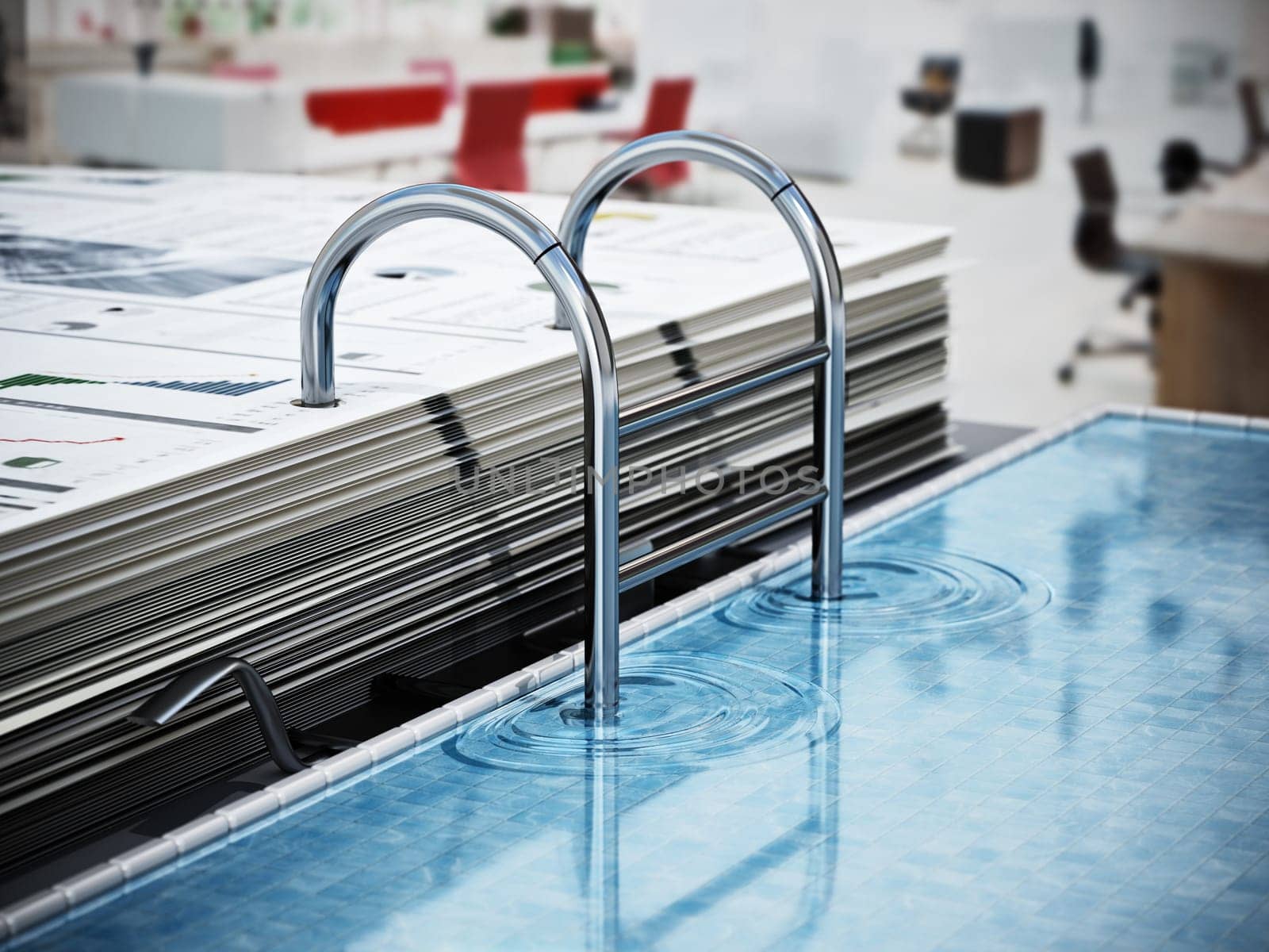 Document folder mechanism illustrated as swimming pool ladder. Business and vacations concept. 3D illustration.