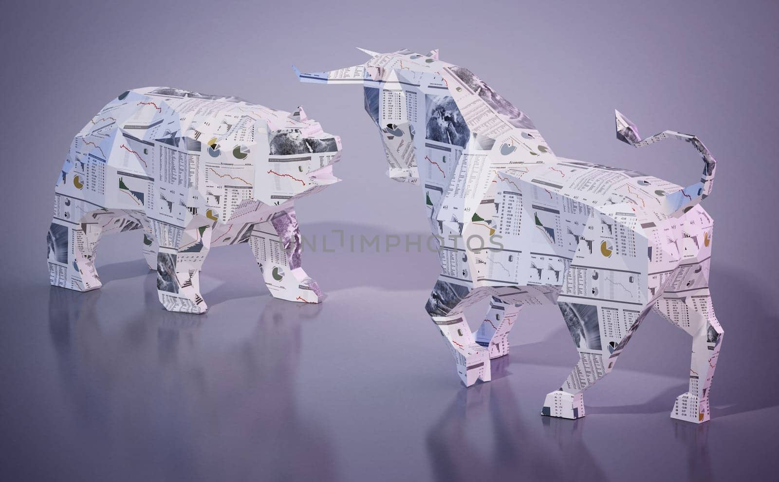 Financial numbers and charts on low poly bull and bear. 3D illustration.