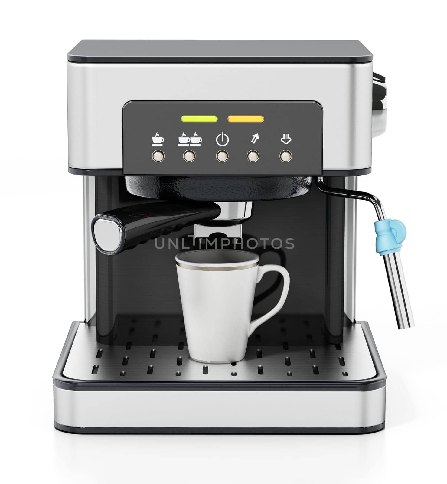 Stainless steel coffee machine isolated on white background. 3D illustration.