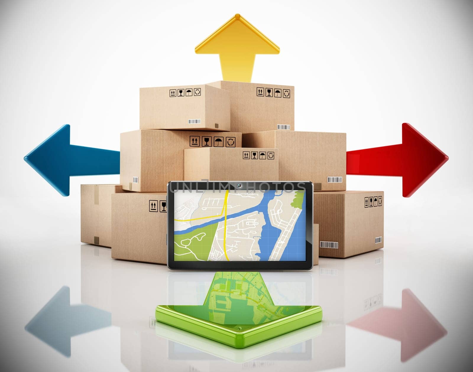 Cargo boxes, four way arrows and tablet computer withGPS map. 3D illustration.