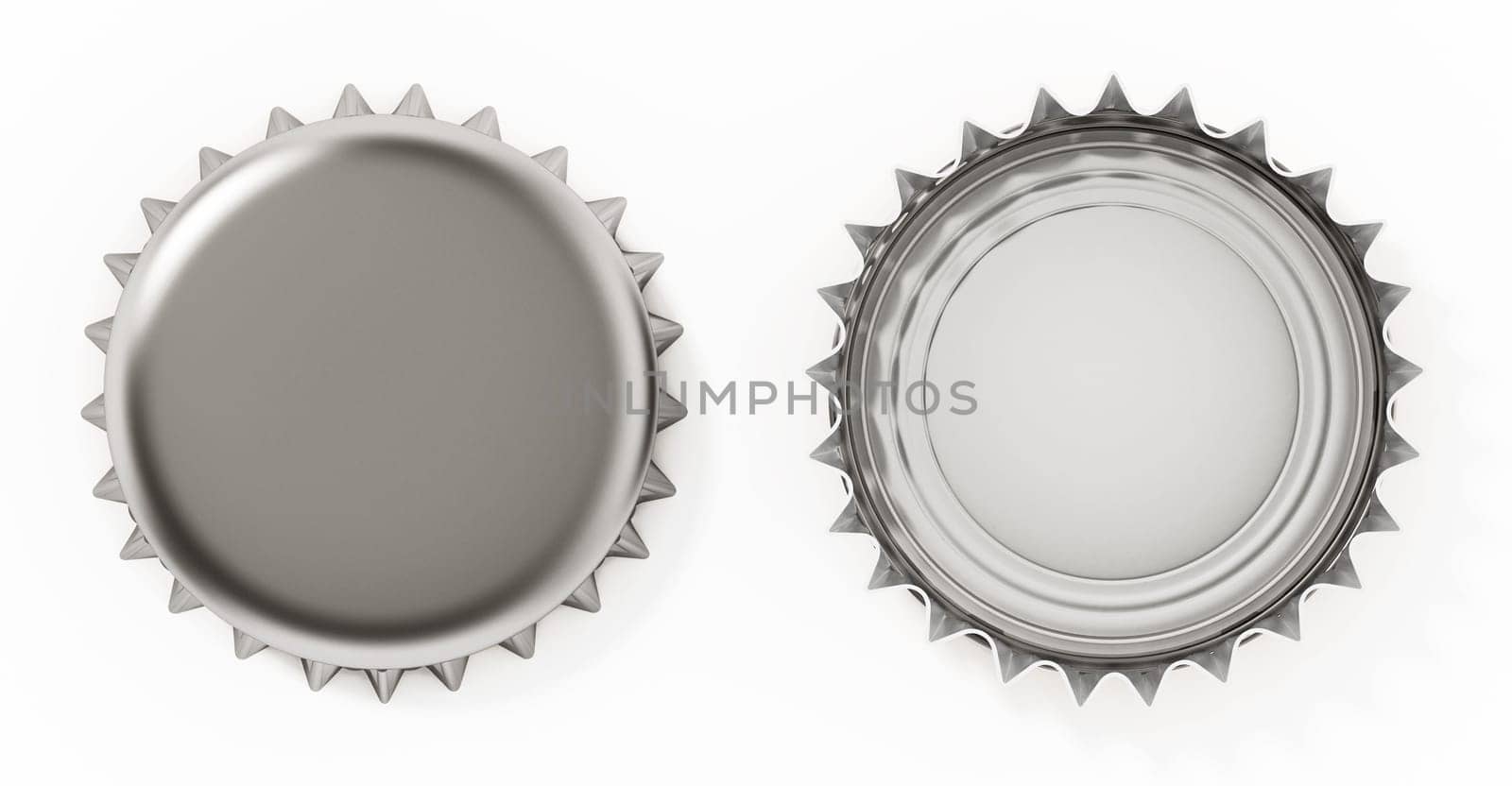 Bottle caps top and rear view isolated on white background. 3D illustration.