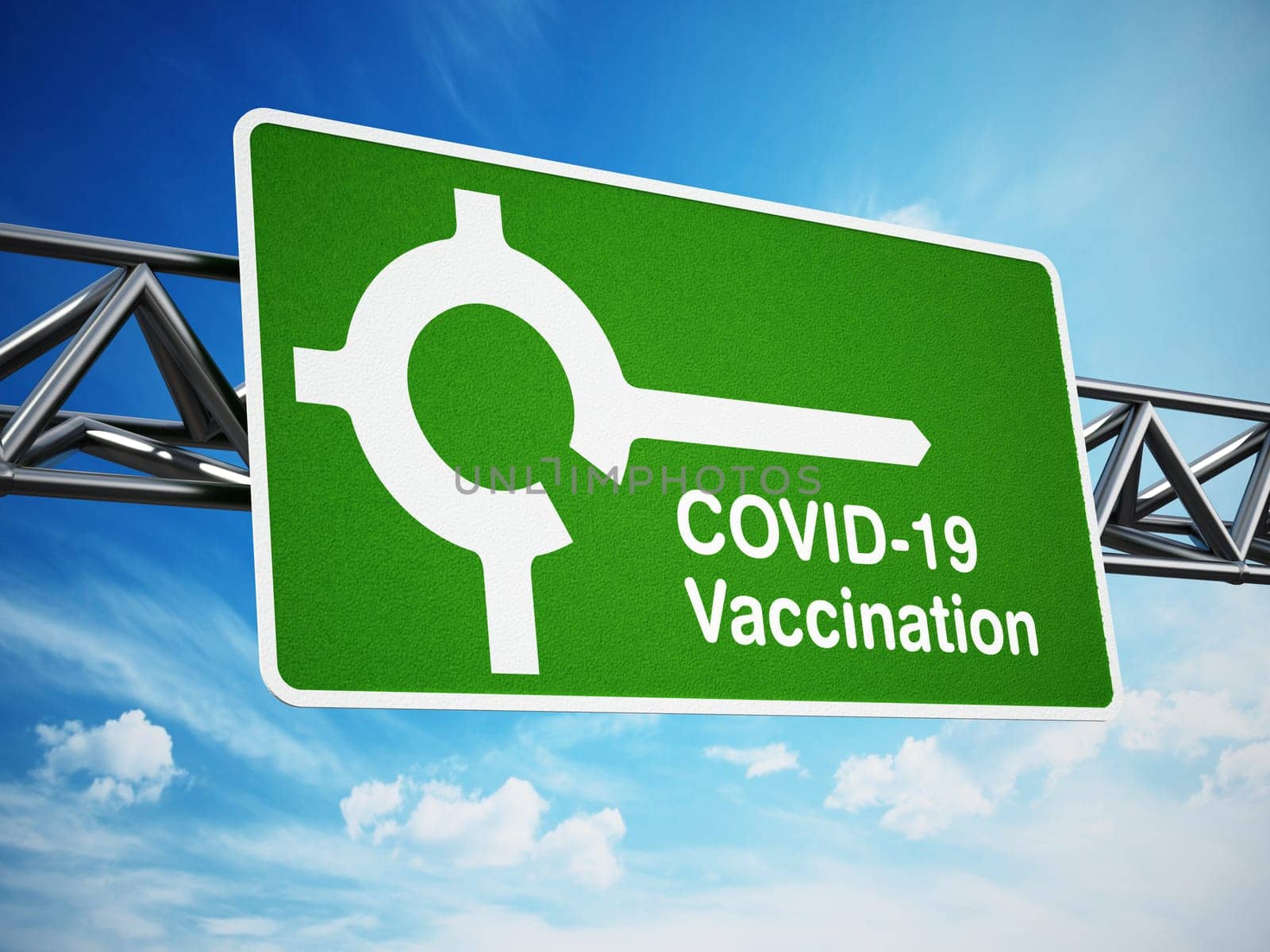 Covid-19 vaccination on the next exit roa sign. 3D illustration.