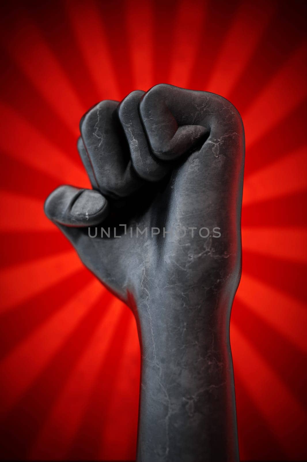 Black fist on red background. Diversity concept. 3D illustration.