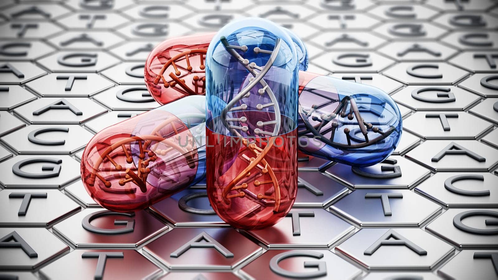 Capsule with DNA helix standing on adenine, thymine, cytosine and guanine background. 3D illustration.