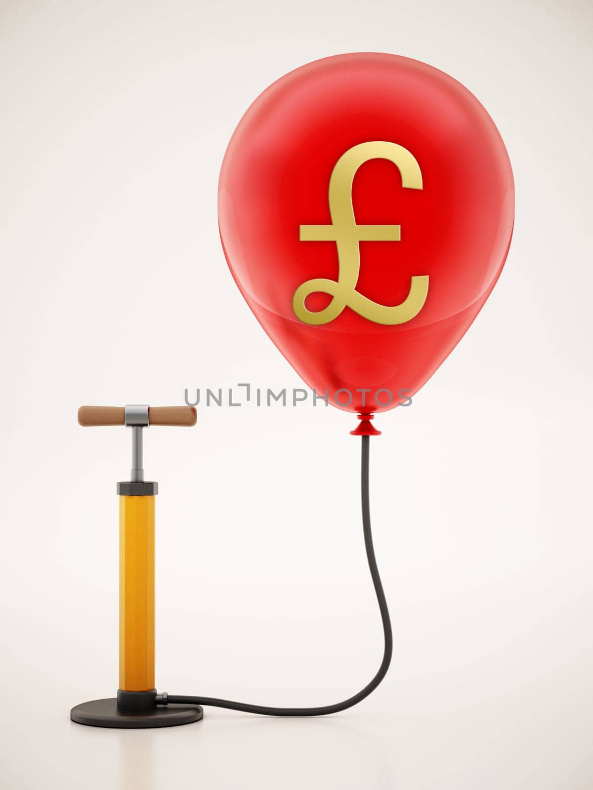 Manual hand pump connected to the inflated red balloon with Pound icon. 3D illustration.